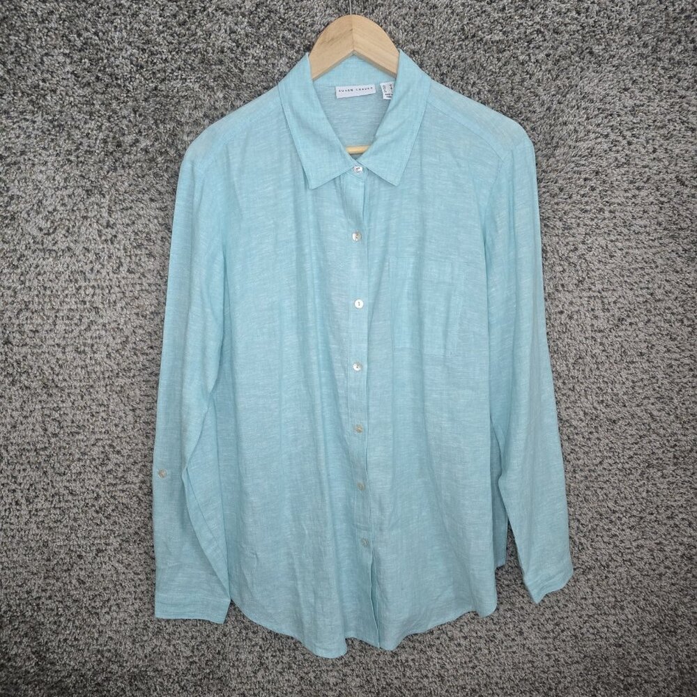 Susan Graver Top Womens Medium Blue Linen Blend Button Up Roll Tab Sleeve Ladies
